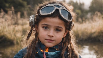 1girl,solo,long hair,looking at viewer,brown hair,brown eyes,jewelry,closed mouth,upper body,earrings,outdoors,scarf,blurry,lips,grey eyes,depth of field,blurry background,headphones,expressionless,goggles,portrait,freckles,curly hair,goggles on head,realistic,nose,pencil