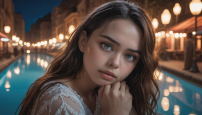 1girl, solo, long hair, looking at viewer, brown hair, black hair, brown eyes, upper body, outdoors, water, mole, blurry, lips, night, blurry background, freckles, realistic