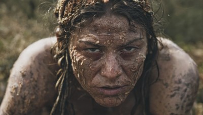 1girl,solo,long hair,looking at viewer,brown hair,black hair,closed mouth,dark skin,blurry,black eyes,dark-skinned female,lips,grey eyes,depth of field,blurry background,portrait,realistic,dirty,dirty face,hair ornament,brown eyes,close-up