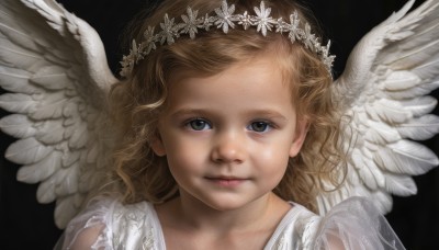 1girl,solo,long hair,looking at viewer,smile,blonde hair,simple background,brown hair,hair ornament,dress,brown eyes,closed mouth,flower,wings,signature,hair flower,white dress,lips,wavy hair,black background,portrait,feathered wings,angel wings,realistic,white wings,angel,head wreath