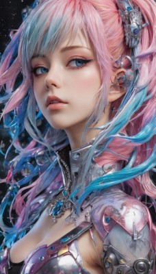 1girl,solo,long hair,breasts,looking at viewer,bangs,blue eyes,hair ornament,cleavage,twintails,jewelry,medium breasts,blue hair,upper body,pink hair,multicolored hair,parted lips,necklace,armor,two-tone hair,lips,eyelashes,gradient hair,makeup,zipper,realistic,nose,sidelocks,earrings,piercing,black background,gem,ear piercing,portrait,light particles,eyeshadow,science fiction,android,cyborg,mechanical parts