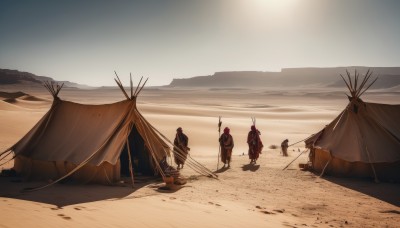 weapon,outdoors,multiple boys,sky,day,military,beach,scenery,6+boys,mountain,sand,watercraft,soldier,desert,2boys,helmet,staff,flag,multiple others,tent