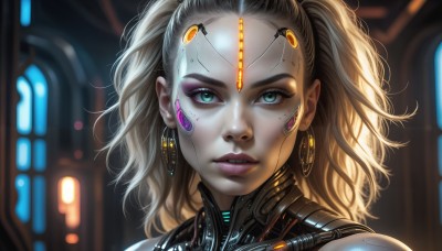 HQ,1girl,solo,long hair,looking at viewer,blue eyes,blonde hair,twintails,jewelry,green eyes,earrings,parted lips,teeth,blurry,lips,eyelashes,makeup,blurry background,portrait,forehead,eyeshadow,freckles,science fiction,realistic,nose,android,eyeliner,cyborg,mascara,cyberpunk,upper body,ponytail,aqua eyes,bodysuit,depth of field,glowing,messy hair,close-up,backlighting,cable