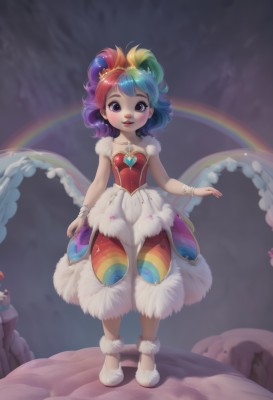 1girl,solo,breasts,looking at viewer,blush,smile,short hair,open mouth,bangs,hair ornament,dress,bare shoulders,jewelry,blue hair,standing,purple eyes,collarbone,full body,purple hair,red hair,multicolored hair,earrings,small breasts,parted lips,wings,shoes,teeth,sleeveless,artist name,necklace,nail polish,black eyes,bracelet,two-tone hair,lips,fur trim,strapless,makeup,red dress,white footwear,crown,lipstick,wristband,gem,strapless dress,multicolored clothes,red lips,candle,rainbow,multicolored dress,fur-trimmed dress,rainbow hair,long hair,blue eyes,blonde hair,pink hair,heart,pantyhose,green hair,watermark,curly hair