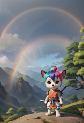 solo,looking at viewer,short hair,bangs,1boy,animal ears,brown eyes,closed mouth,blue hair,standing,tail,full body,weapon,purple hair,short sleeves,male focus,multicolored hair,outdoors,japanese clothes,sky,barefoot,day,sword,artist name,cloud,armor,two-tone hair,tree,blue sky,watermark,katana,cloudy sky,grass,sheath,furry,sheathed,mountain,japanese armor,furry male,body fur,rainbow,topknot,mountainous horizon,teeth,furry female,sun,white fur