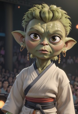 1girl,solo,looking at viewer,blush,short hair,blonde hair,brown eyes,jewelry,upper body,earrings,japanese clothes,solo focus,pointy ears,kimono,blurry,lips,sash,blurry background,colored skin,scar,female child,green skin,dougi,crowd,goblin,yellow eyes,artist name,nose,mohawk