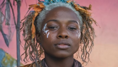 1girl,solo,looking at viewer,smile,brown hair,outdoors,parted lips,teeth,dark skin,blurry,black eyes,dark-skinned female,lips,blurry background,pink background,portrait,freckles,fish,curly hair,realistic,very dark skin,dreadlocks,black hair,hair ornament,brown eyes,tree,depth of field,leaf,half-closed eyes,close-up,facepaint