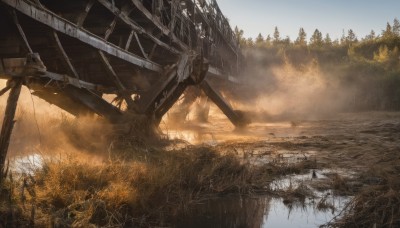 outdoors,sky,day,cloud,water,tree,no humans,sunlight,grass,building,nature,scenery,forest,smoke,reflection,ruins,bridge,river,landscape,fog,solo,blue sky