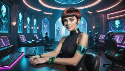 1girl,solo,breasts,looking at viewer,short hair,bangs,blue eyes,brown hair,bare shoulders,jewelry,sitting,upper body,small breasts,sleeveless,solo focus,indoors,blunt bangs,bracelet,lips,makeup,turtleneck,chair,robot,armlet,science fiction,realistic,nose,computer,very short hair,monitor,keyboard (computer),hologram,multiple girls,multiple boys,belt,necklace,bob cut,armband,desk,screen