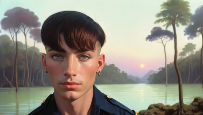 solo,looking at viewer,blue eyes,brown hair,black hair,1boy,jewelry,green eyes,male focus,earrings,outdoors,water,uniform,tree,lips,portrait,nature,reflection,realistic,stud earrings,river,pompadour,short hair,bangs,closed mouth,sky,cloud,backlighting,sunset,palm tree,sun,lake