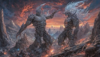 long hair,open mouth,standing,weapon,outdoors,multiple boys,horns,sky,teeth,cloud,signature,2boys,armor,no humans,glowing,cloudy sky,fire,sharp teeth,scenery,glowing eyes,claws,spikes,monster,mountain,fantasy,battle,giant,multiple others,alien,mountainous horizon,demon,molten rock,sunset,rock