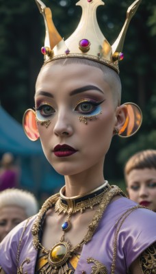 1girl,looking at viewer,short hair,multiple girls,dress,2girls,jewelry,closed mouth,upper body,short sleeves,grey hair,earrings,outdoors,solo focus,necklace,blurry,black eyes,lips,grey eyes,eyelashes,makeup,depth of field,blurry background,crown,lipstick,gem,portrait,purple dress,eyeshadow,freckles,gold trim,red lips,eyeliner,very short hair,gold,mascara,blue eyes,blonde hair,brown hair,green eyes,white hair,hair bun,realistic