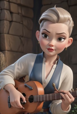 1girl,solo,looking at viewer,short hair,blonde hair,shirt,long sleeves,holding,brown eyes,jewelry,collarbone,white shirt,upper body,earrings,parted lips,belt,artist name,indoors,blurry,vest,lips,fingernails,eyelashes,makeup,blurry background,lipstick,instrument,freckles,music,guitar,red lips,brick wall,playing instrument,holding instrument,mascara,aged down