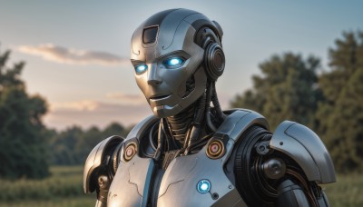 solo,smile,open mouth,blue eyes,1boy,upper body,male focus,outdoors,sky,cloud,blurry,tree,no humans,blurry background,glowing,robot,nature,mecha,glowing eyes,forest,science fiction,sunset,android,humanoid robot,looking at viewer,portrait,looking ahead,autobot