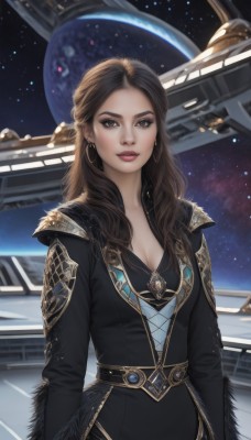 1girl,solo,long hair,breasts,looking at viewer,brown hair,long sleeves,dress,cleavage,brown eyes,jewelry,medium breasts,earrings,parted lips,belt,necklace,black dress,lips,fur trim,makeup,wavy hair,star (sky),science fiction,hoop earrings,realistic,nose,space,planet,earth (planet),spacecraft,forehead,eyeshadow,starry sky