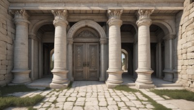 outdoors,day,no humans,window,grass,building,scenery,stairs,door,architecture,pillar,arch,column,sunlight,plant,bush,shade,ruins,pavement,stone floor