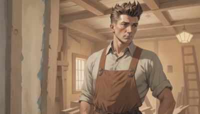 solo,short hair,bangs,brown hair,shirt,1boy,brown eyes,closed mouth,white shirt,upper body,male focus,collared shirt,belt,indoors,apron,window,muscular,buttons,facial hair,scar,scar on face,sleeves rolled up,door,undercut,looking to the side,dress shirt,looking away,lamp,brown shirt,brown apron