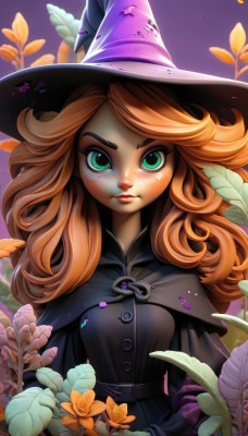 1girl,solo,long hair,looking at viewer,brown hair,long sleeves,hat,dress,holding,closed mouth,green eyes,upper body,flower,belt,artist name,cape,orange hair,black dress,lips,eyelashes,capelet,witch hat,buttons,leaf,watermark,thick eyebrows,plant,cloak,freckles,purple background,curly hair,nose,purple flower,witch,red hair,web address