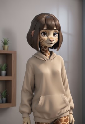 1girl,solo,looking at viewer,smile,short hair,bangs,brown hair,long sleeves,brown eyes,closed mouth,nipples,standing,cowboy shot,indoors,hood,blunt bangs,medium hair,blurry,flat chest,hoodie,blurry background,bob cut,thick eyebrows,hood down,plant,monster girl,no pants,furry female,arms at sides,drawstring,potted plant,white hoodie,grey hoodie,window,furry