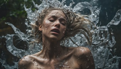 1girl,solo,long hair,open mouth,blonde hair,collarbone,closed eyes,upper body,nude,parted lips,teeth,water,blurry,lips,wet,floating hair,blurry background,portrait,facing viewer,underwater,realistic,brown hair,bare shoulders