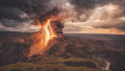 outdoors,sky,cloud,water,dutch angle,no humans,ocean,cloudy sky,fire,scenery,smoke,mountain,horizon,electricity,lightning,landscape,molten rock,fantasy,cliff