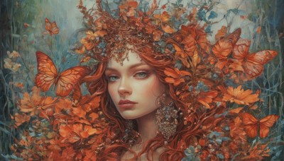 1girl,solo,long hair,looking at viewer,blue eyes,hair ornament,jewelry,green eyes,flower,red hair,earrings,parted lips,lips,eyelashes,makeup,leaf,bug,plant,lipstick,butterfly,portrait,nature,red lips,closed mouth,orange hair,wavy hair,traditional media,gem,realistic,painting (medium)