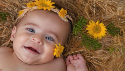 1girl,solo,long hair,looking at viewer,smile,open mouth,blue eyes,blonde hair,hair ornament,nipples,flower,nude,lying,hair flower,on back,flat chest,lips,loli,close-up,realistic,yellow flower,sunflower,short hair,1boy,male focus,teeth,grass,child,what