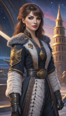 1girl,solo,long hair,breasts,looking at viewer,bangs,brown hair,gloves,long sleeves,brown eyes,jewelry,closed mouth,standing,weapon,braid,cowboy shot,earrings,outdoors,sky,black gloves,belt,artist name,armor,lips,coat,grey eyes,fur trim,makeup,night,lipstick,gauntlets,star (sky),night sky,eyeshadow,half updo,starry sky,black coat,nose,arms at sides,red lips,fur-trimmed coat,necklace,realistic,castle