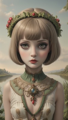 1girl,solo,breasts,looking at viewer,short hair,bangs,brown hair,hair ornament,dress,cleavage,bare shoulders,brown eyes,jewelry,closed mouth,green eyes,upper body,small breasts,outdoors,parted lips,sky,sleeveless,blunt bangs,necklace,lips,eyelashes,makeup,leaf,bob cut,grass,lipstick,brooch,gem,scenery,freckles,nose,red lips,mascara,green gemstone,blush,cloud,water,realistic,lake