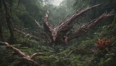 outdoors,horns,day,tree,no humans,leaf,sunlight,grass,plant,nature,scenery,forest,light rays,fantasy,dragon,branch,antlers,deer,bird,monster,moss