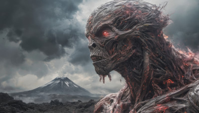 red eyes, outdoors, sky, teeth, cloud, no humans, glowing, cloudy sky, skull, monster, mountain