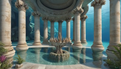 flower,water,no humans,plant,scenery,reflection,fish,underwater,fantasy,pillar,statue,arch,coral,column,outdoors,day,artist name,signature,sunlight,grass,ruins,reflective water