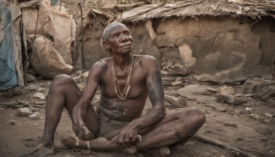 solo,short hair,1boy,navel,jewelry,sitting,underwear,nipples,weapon,white hair,male focus,earrings,outdoors,shorts,barefoot,dark skin,necklace,tattoo,muscular,facial hair,piercing,dark-skinned male,pectorals,muscular male,polearm,beard,topless male,rock,realistic,mustache,arm tattoo,male underwear,shoulder tattoo,ruins,old,on ground,dirty,old man,leg hair,white male underwear,dirty feet,scar,ear piercing,scar on face,bandana,indian style,nipple piercing