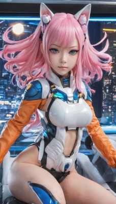 1girl,solo,long hair,breasts,looking at viewer,bangs,blue eyes,animal ears,medium breasts,sitting,closed mouth,pink hair,thighs,cat ears,leotard,lips,clothing cutout,bodysuit,night,headgear,science fiction,white leotard,thighhighs,long sleeves,fake animal ears