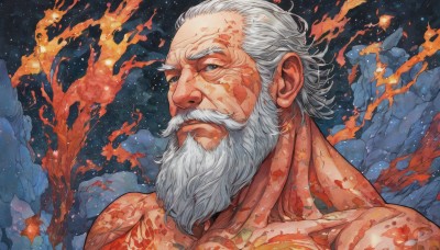 solo,looking at viewer,blue eyes,1boy,closed mouth,collarbone,upper body,white hair,grey hair,male focus,sky,tattoo,muscular,facial hair,scar,fire,muscular male,portrait,beard,scar on face,rock,mature male,mustache,scar across eye,manly,old,old man,wrinkled skin,traditional media,thick eyebrows,veins