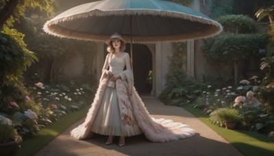 1girl,solo,looking at viewer,short hair,brown hair,long sleeves,hat,dress,holding,standing,full body,flower,outdoors,white dress,tree,blood,umbrella,sunlight,grass,plant,nature,forest,blood on face,holding umbrella,long dress,bush,parasol,blood on clothes,breasts,brown eyes,jewelry,sandals,sun hat,wedding dress,realistic,potted plant,mushroom,flower pot,garden