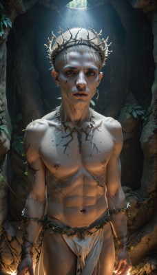 solo,looking at viewer,short hair,1boy,navel,brown eyes,jewelry,closed mouth,nipples,standing,white hair,male focus,cowboy shot,earrings,artist name,necklace,bracelet,lips,facial mark,piercing,abs,pectorals,plant,pelvic curtain,freckles,topless male,realistic,vines,loincloth,outdoors,muscular,night,moon,muscular male,nature,full moon,very short hair