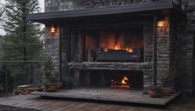 flower,outdoors,sky,indoors,tree,no humans,window,table,fire,plant,building,scenery,wooden floor,fence,potted plant,wall,brick wall,flower pot,burning,fireplace,brick,day,snow,stairs,door,house,wood