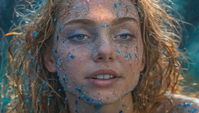 1girl,solo,long hair,looking at viewer,blue eyes,blonde hair,parted lips,teeth,water,lips,eyelashes,traditional media,portrait,close-up,underwater,realistic,nose,green eyes,floating hair,blue background,freckles