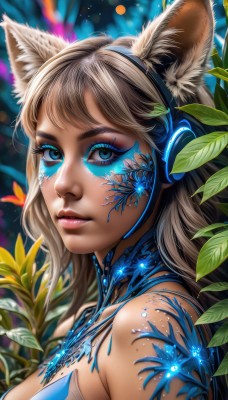 1girl,solo,long hair,breasts,looking at viewer,bangs,blue eyes,blonde hair,brown hair,animal ears,cleavage,bare shoulders,medium breasts,closed mouth,upper body,artist name,cat ears,from side,lips,animal ear fluff,fox ears,eyelashes,makeup,headphones,leaf,watermark,plant,lipstick,portrait,eyeshadow,freckles,nose,eyeliner,mascara,flower,rabbit ears,blurry,realistic,facepaint