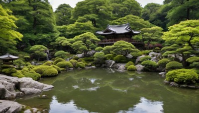 outdoors,day,water,tree,no humans,grass,building,nature,scenery,forest,reflection,rock,architecture,east asian architecture,river,pond,stream