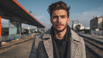 solo,looking at viewer,short hair,brown hair,shirt,black hair,1boy,jewelry,closed mouth,jacket,upper body,male focus,outdoors,sky,day,collared shirt,necklace,blurry,black shirt,blurry background,facial hair,building,beard,realistic,grey jacket,stubble,animification,photo background,blue eyes,blue sky,depth of field,mustache,undercut