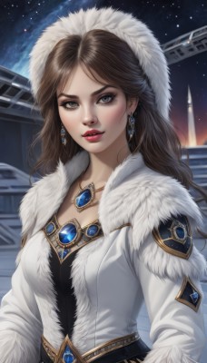 1girl,solo,long hair,breasts,looking at viewer,brown hair,long sleeves,jewelry,medium breasts,upper body,earrings,parted lips,sky,belt,hood,necklace,lips,coat,grey eyes,fur trim,makeup,night,lipstick,gem,star (sky),night sky,pendant,starry sky,white coat,red lips,fur-trimmed coat,bangs,dress,brown eyes,jacket,outdoors,parted bangs,eyelashes,eyeshadow,realistic,crystal earrings