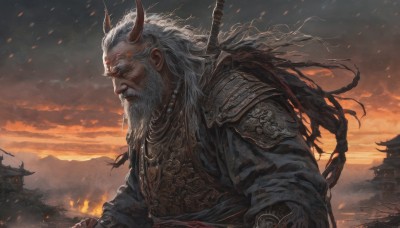 solo,long hair,red eyes,1boy,holding,jewelry,closed mouth,upper body,weapon,white hair,male focus,outdoors,japanese clothes,horns,sky,sword,cloud,necklace,armor,from side,glowing,facial hair,katana,cloudy sky,fire,shoulder armor,building,glowing eyes,beard,oni horns,oni,mountain,japanese armor,architecture,old,east asian architecture,old man,embers,broken horn,very long hair,braid,profile,sheath,beads,sunset,realistic,twilight,mountainous horizon,orange sky,prayer beads,burning,chainmail