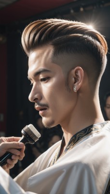 solo,brown hair,black hair,1boy,holding,jewelry,closed eyes,upper body,male focus,earrings,parted lips,solo focus,blurry,black eyes,from side,lips,profile,depth of field,blurry background,facial hair,chinese clothes,microphone,beard,realistic,nose,mustache,music,holding microphone,singing,multiple boys,necklace,portrait,undercut