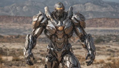 solo,looking at viewer,1boy,standing,male focus,cowboy shot,armor,blurry,no humans,blurry background,glowing,helmet,robot,mecha,science fiction,straight-on,open hands,alien,power armor,outdoors,orange eyes,military,glowing eyes,realistic,military vehicle,humanoid robot,kaijuu