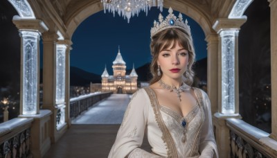 1girl,solo,long hair,breasts,looking at viewer,brown hair,long sleeves,dress,cleavage,brown eyes,jewelry,medium breasts,closed mouth,upper body,earrings,sky,choker,necklace,white dress,lips,night,tiara,crown,lipstick,building,gem,night sky,stairs,realistic,railing,red lips,candle,architecture,church,balcony,makeup,castle