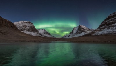 outdoors,sky,water,no humans,night,star (sky),night sky,scenery,starry sky,reflection,rock,mountain,river,lake,aurora,ocean,horizon,shore