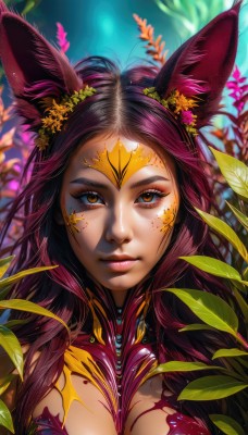 1girl,solo,long hair,breasts,looking at viewer,brown hair,black hair,hair ornament,animal ears,cleavage,brown eyes,medium breasts,closed mouth,upper body,pink hair,purple hair,flower,multicolored hair,artist name,signature,hair flower,rabbit ears,blurry,lips,fox ears,eyelashes,makeup,leaf,facial mark,plant,portrait,forehead,eyeshadow,pink lips,realistic,nose,mascara,freckles