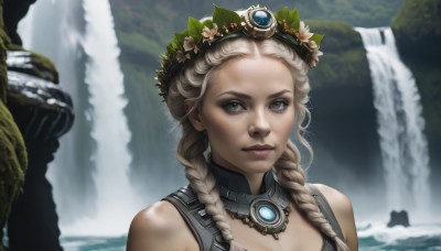 1girl,solo,long hair,looking at viewer,blue eyes,blonde hair,hair ornament,bare shoulders,upper body,braid,flower,hair flower,water,blurry,twin braids,lips,grey eyes,makeup,portrait,hair over shoulder,realistic,nose,head wreath,waterfall,jewelry,outdoors,blurry background,leaf